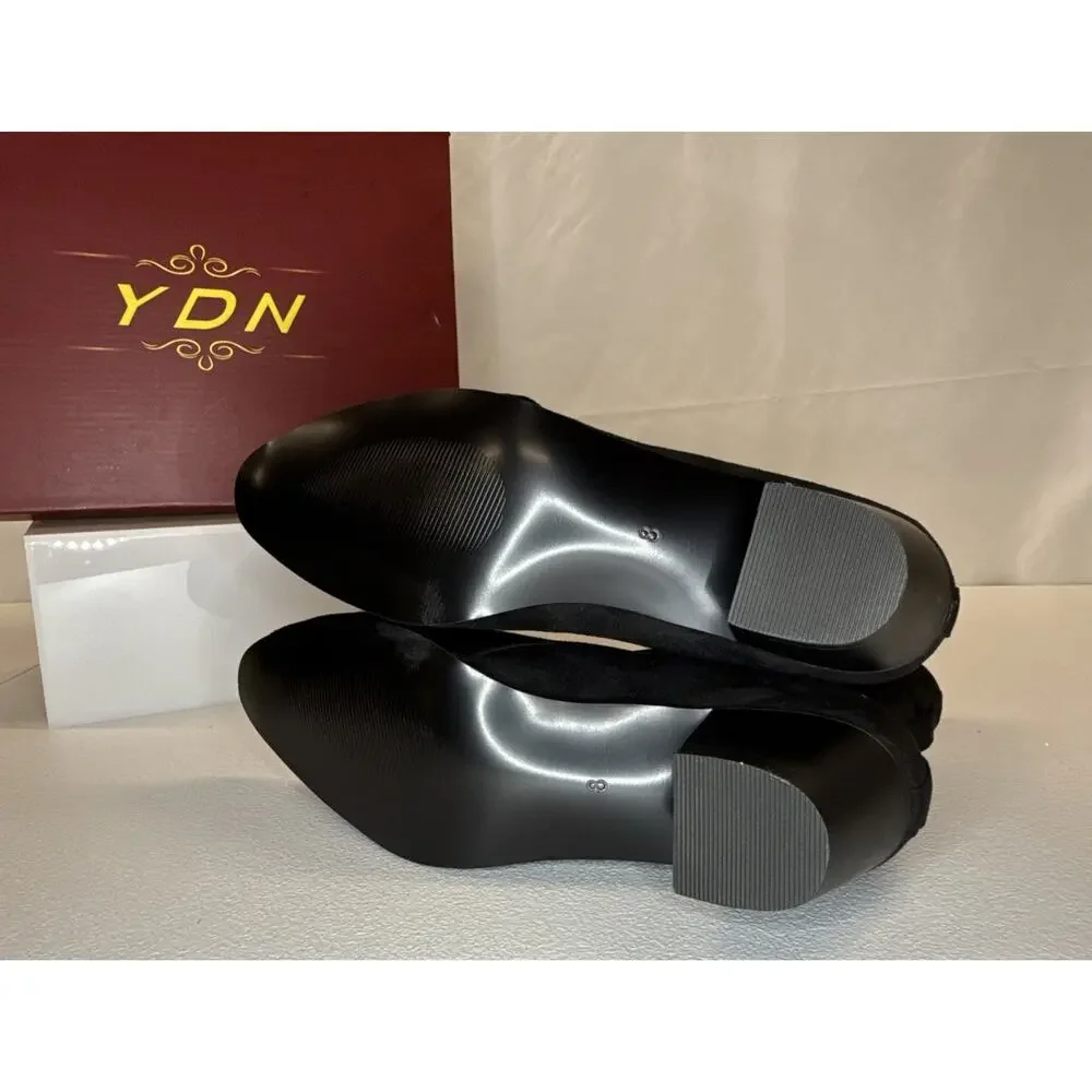 YDN Black Suede Boots Buckle Wrap Strap Block Heel Booties Women’s Size 8